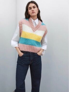 Zara Striped V-Neck Sleeveless Sweater Vest - Pink Multi Stripe Size Medium